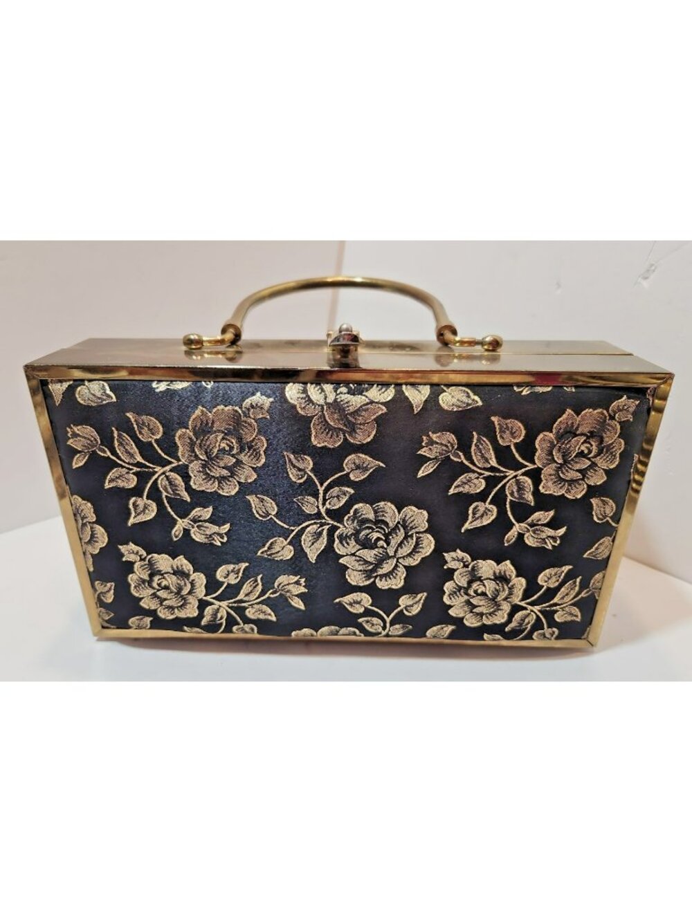 Vtg 70s Lou Taylor Miami Black On Gold Art Deco Padded Frame Box Handbag Purse